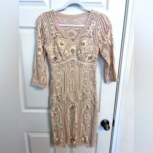 Sue Wong Nocturne, Soutache Embroidered Beaded Dress, Size 0 in Champagne